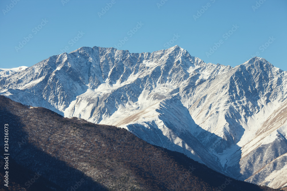 Mountain peaks covered with snow. The Republic of Ingushetia.