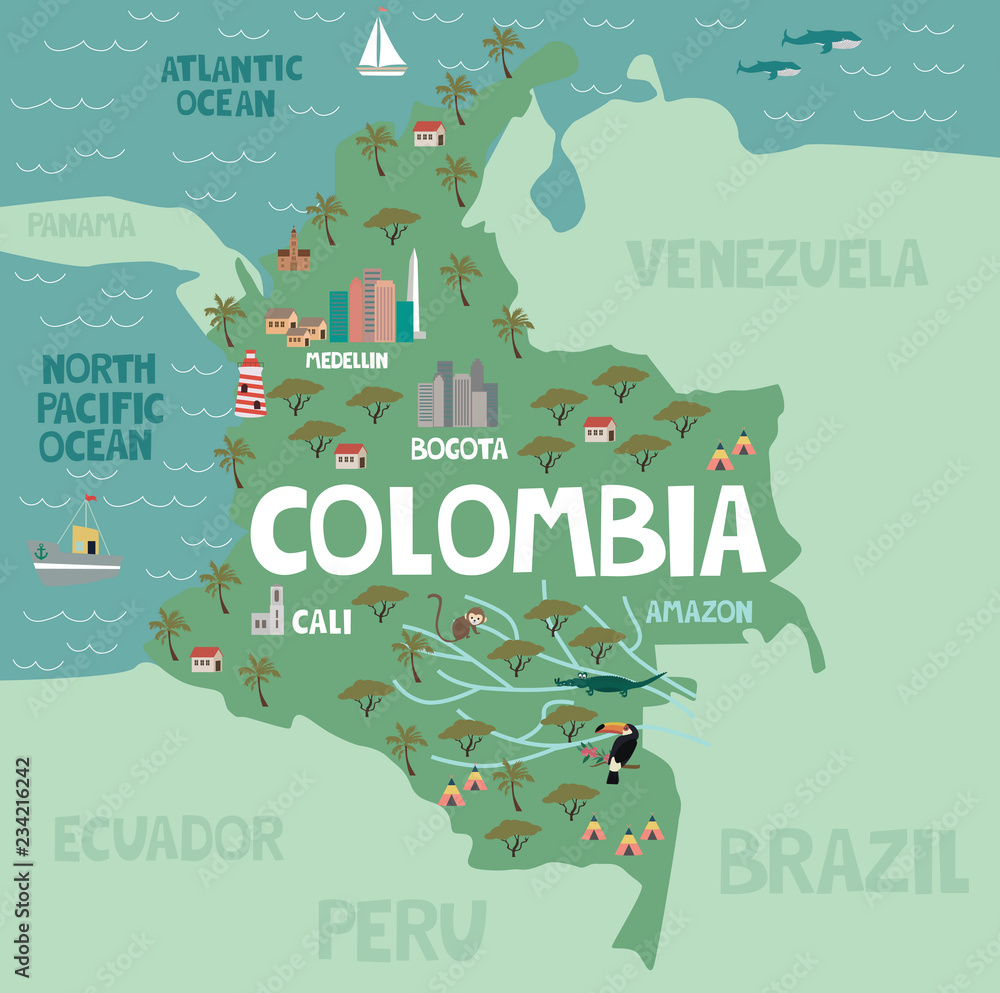 Fényképezés Illustration map of Colombia with city, landmarks and nature