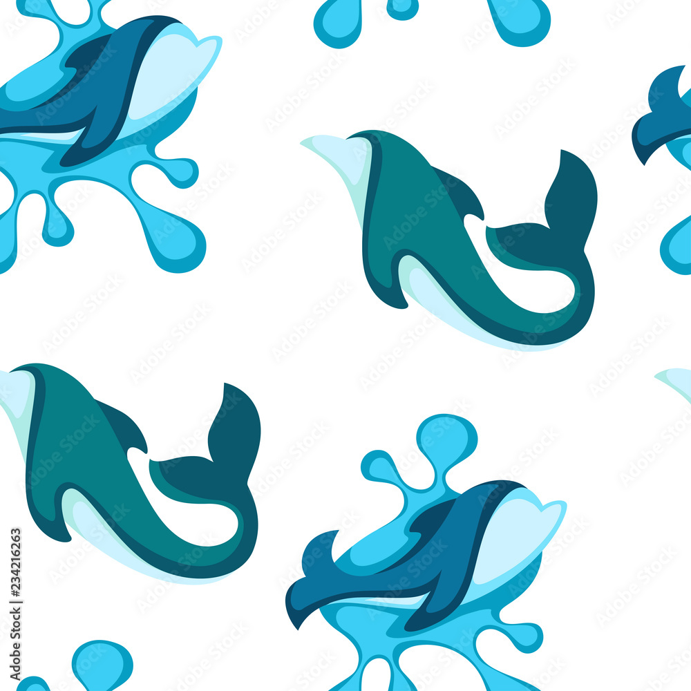 Fototapeta premium Ocean water and dolphin animals seamless pattern vector.