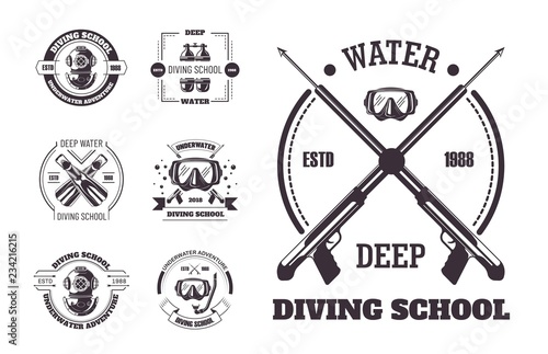 Diving school deep water promo monochrome emblems set.