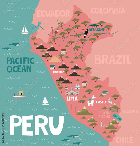 Illustration map of Peru with city, landmarks and nature. Editable vector illustration