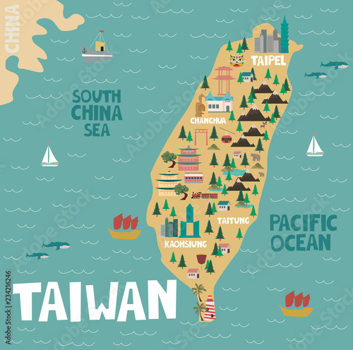 Illustration map of Taiwan with city, landmarks and nature. Editable vector illustration photo
