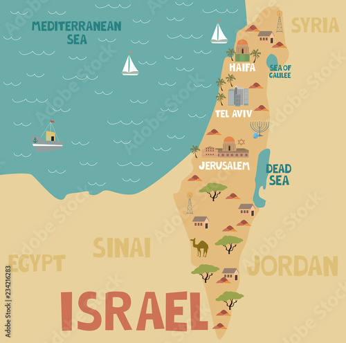 Illustration map of Israel with city, landmarks and nature. Editable vector illustration