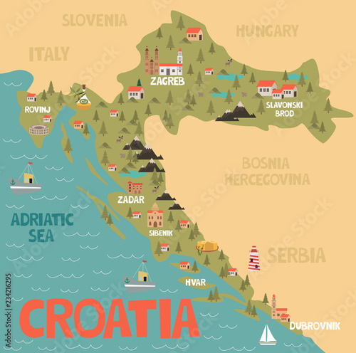 Tablou canvas Illustration map of Croatia with city, landmarks and nature