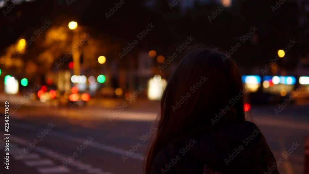 Young woman crossing the traffic road at night in the city centre alone. Young woman crossing the traffic road at night in the city centre alone.