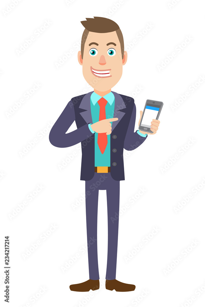 Businessman pointing at mobile phone in his hand