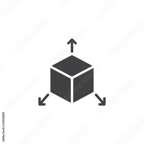 Cube with arrows out vector icon. filled flat sign for mobile concept and web design. Three dimensions solid icon. Symbol, logo illustration. Pixel perfect vector graphics