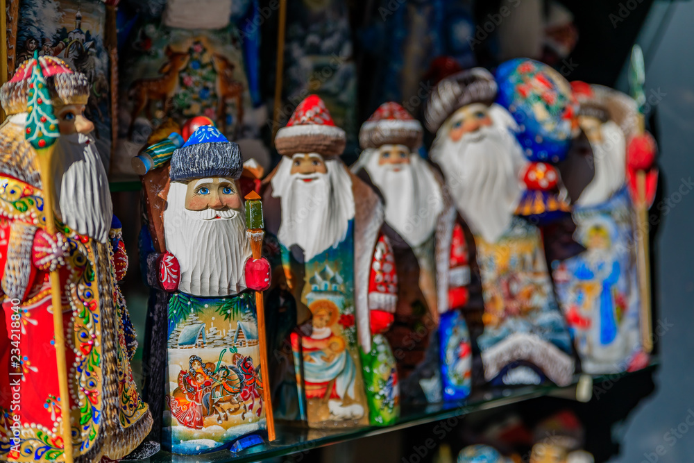Christmas ornaments of Russian Santa Claus or Ded Moroz (Grandfather Frost) on display for sale in a souvenir shop in Saint Petersburg Russia