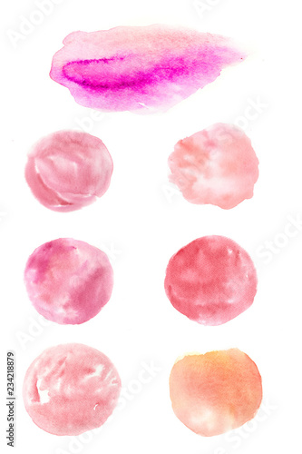 Set of pink red watercolor spots on white background, watercolor hand drawn