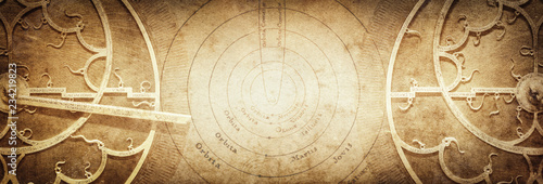 Ancient astronomical instruments on vintage paper background. Abstract old conceptual background on history, mysticism, astrology, science, etc. Retro style.