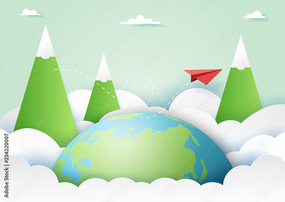 Travel around the world and adventure concept with red paper airplane flying on nature landscape background paper art style.Vector illustration.