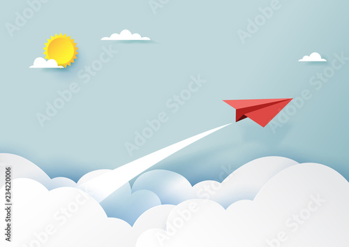 Red paper airplanes flying on blue sky and cloud.Paper art style of business success and leadership creative concept idea.Vector illustration