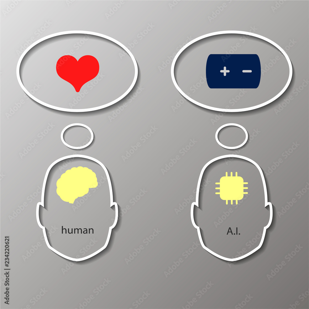 Artificial intelligence thinks where to find energy, a person lives for love. Vector illustration. Artificial intelligence thinks where to find energy, a person lives for love. Vector illustration.