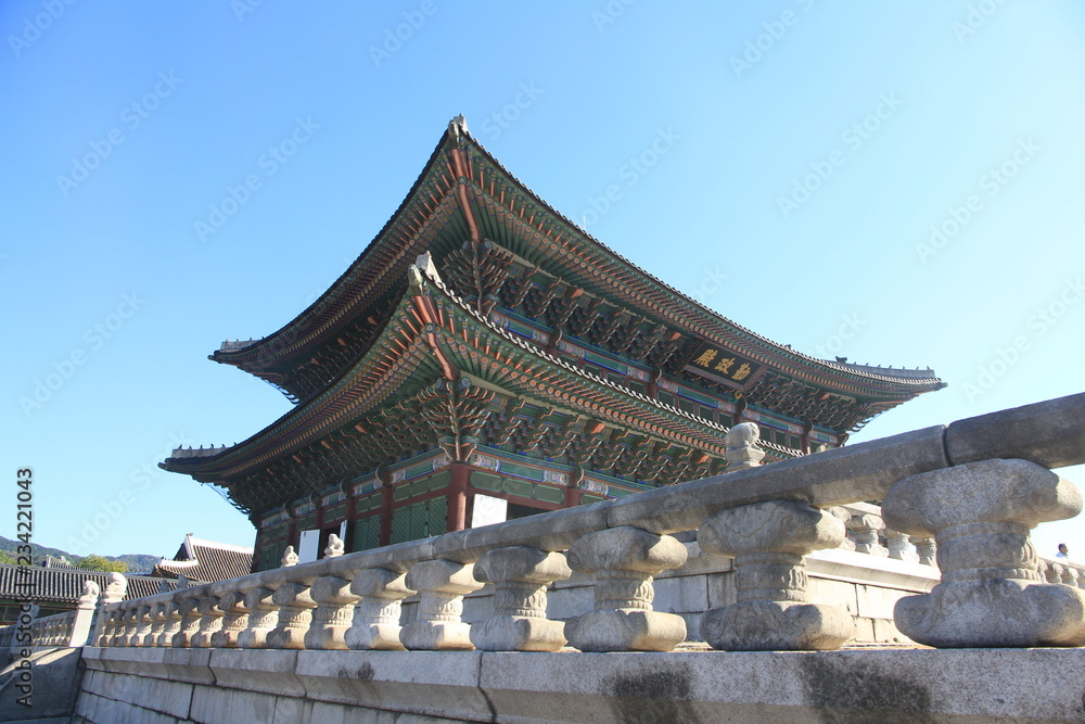 Gyeongbokgung Palace in Seoul, South Korea. Writing on the building: Geunjeongjeon Hall