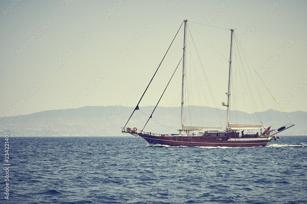 travel on beautiful wooden ship in Aegean sea, Turkey