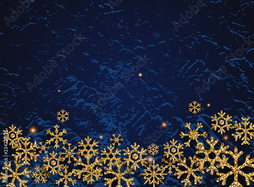 Golden glitter snowflakes on dark background. Can be used for decoration, banners and card.