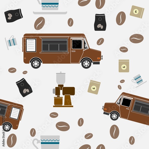 Editable Side View Mobile Coffee Van Shop With Brewing Equipment Vector Illustration Seamless Pattern in Flat Style for Creating Background of Cafe Related Concept Purposes