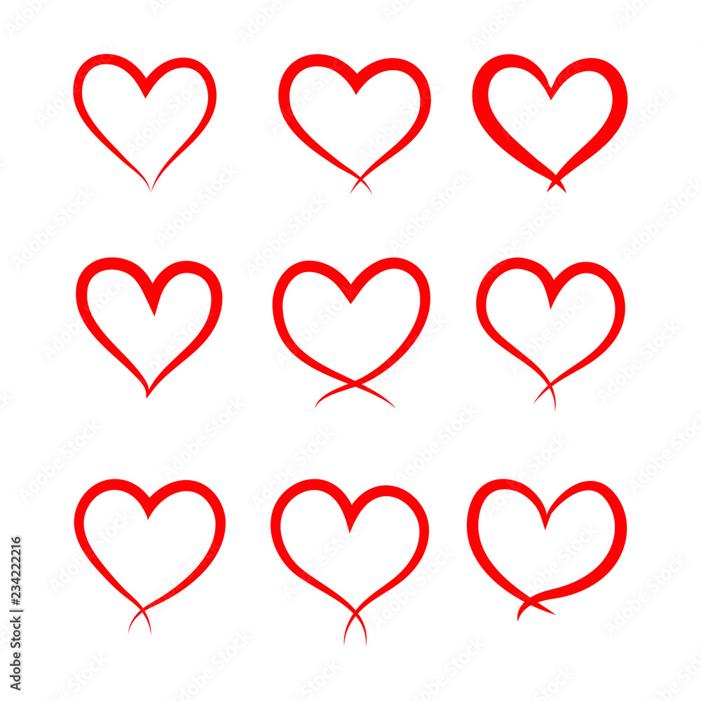 Set of hand drawn hearts. Design elements, symbol of love. Isolated on white background.