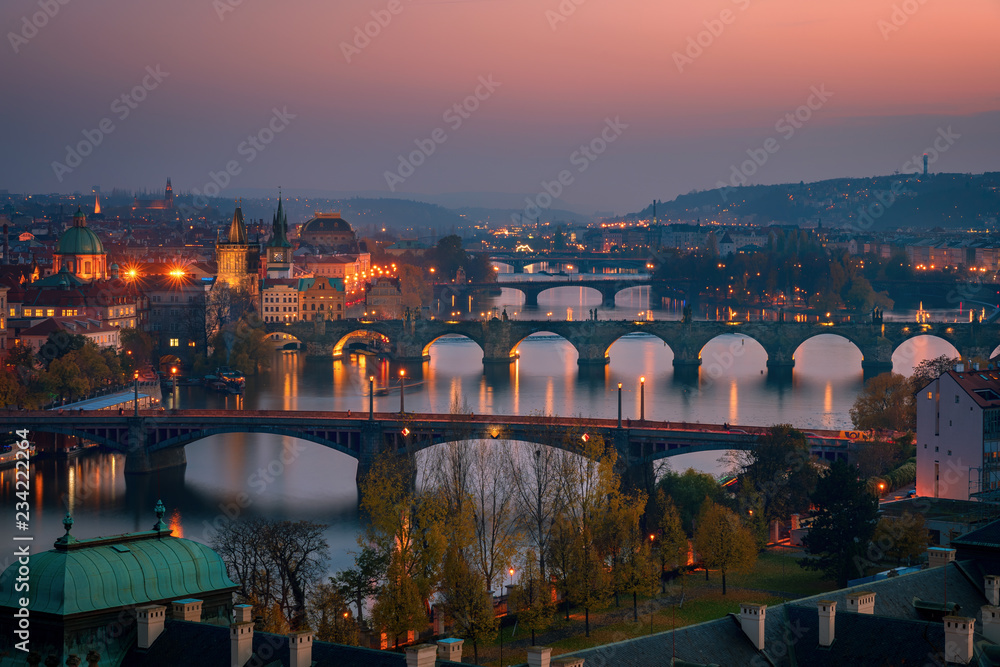 Beautiful twilight aerial view over bridges and Vltava River in Prague, Czech Republic