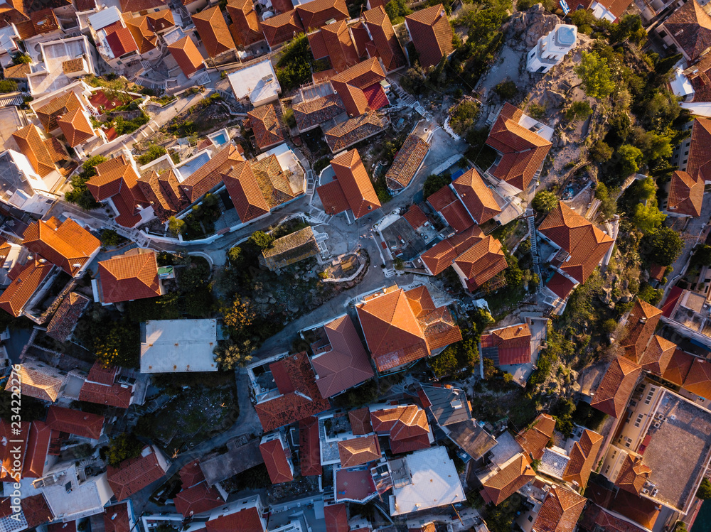 Aerial view of the roofs houses on Poros island, Greece.