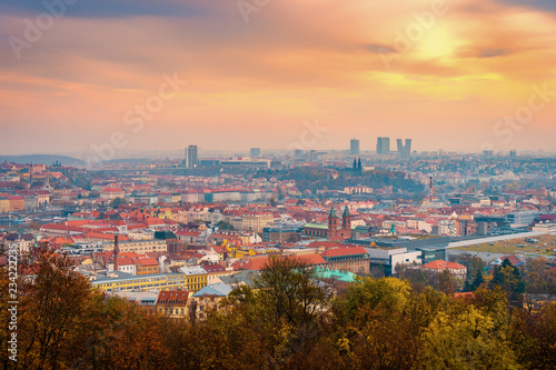 Beautiful view over Prague historical landmarks in autumn (fall) with yellow and orange leaves, Czech Republic, Europe