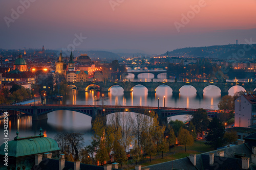 Beautiful twilight aerial view over bridges and Vltava River in Prague, Czech Republic
