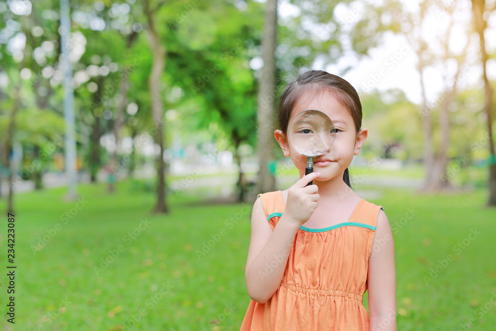 Pretty little Asian child girl with magnifying glass looks at flower in summer park. Pretty little Asian child girl with magnifying glass looks at flower in summer park.
