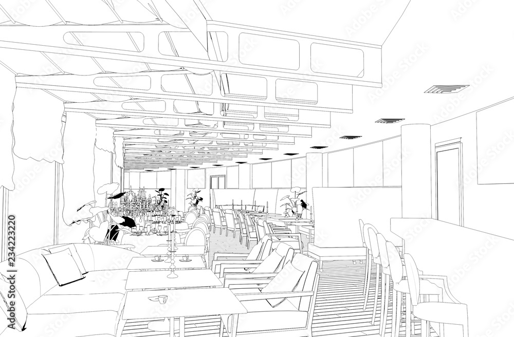 restaurant, 3D illustration, sketch, outline