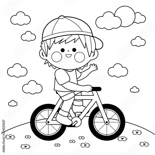 Boy riding a bicycle at the park. Vector black and white coloring page.