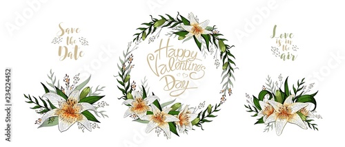 Happy Valentines day romantic greeting postcard tiger lily flowers and lettering © Andrew