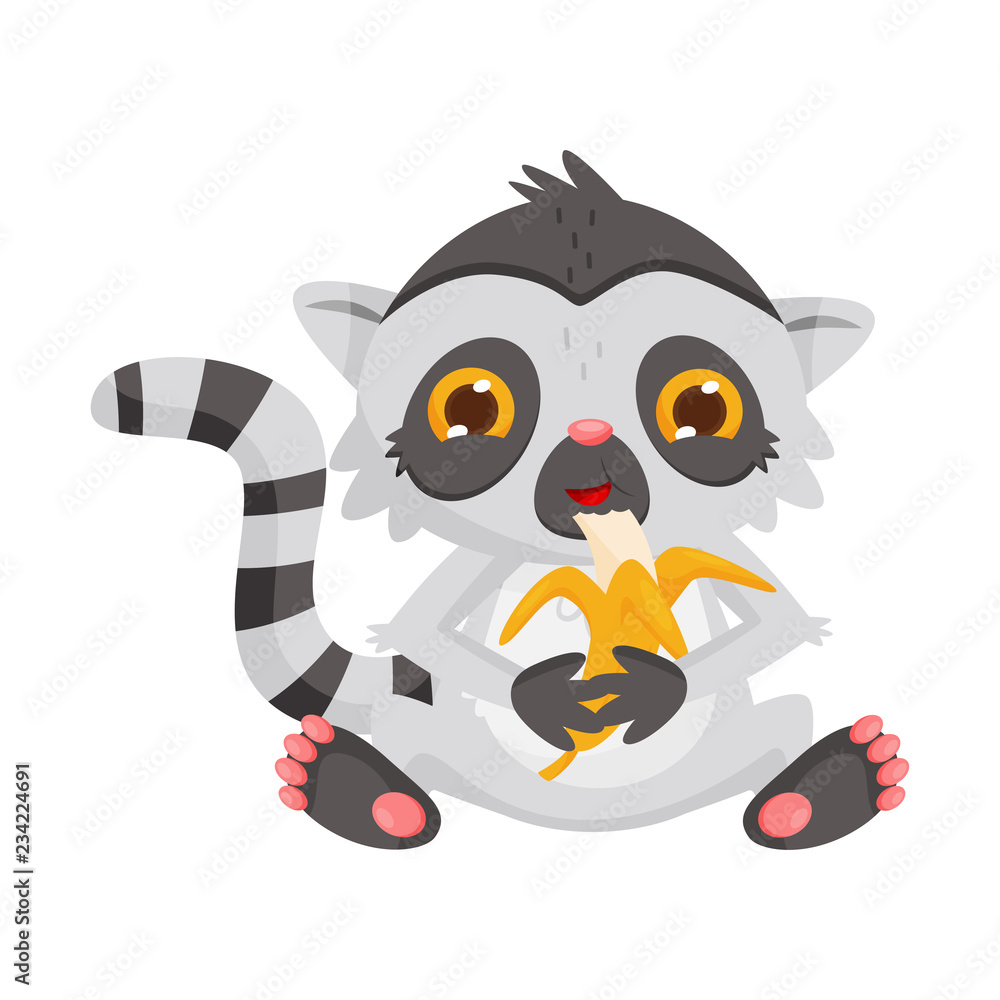 Cute lemur eating banana. Adorable exotic animal with long striped tail and big shiny eyes.Flat vector design