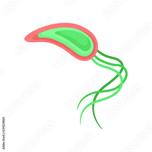 Flat vecrtor icon of dangerous virus with long flagella. Biological agent. Disease-causing pathogen under microscope