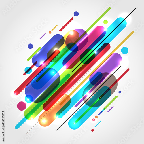 Abstract motion dynamic composition made of various colored rounded shapes lines in diagonal rhythm minimal style.