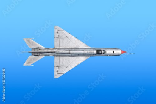 Vintage retro military fighter bomber jet airplane in silver color flying isolated on blue sky background aerial top down portrait landscape view air travel aviation abstract army war theme photo
