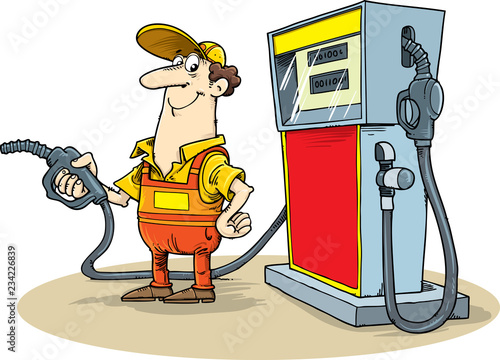 Gas station worker holding petrol pump standing next to fuel dispenser