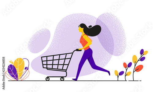 Running woman pushing shopping cart