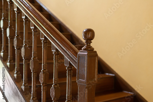 Fototapeta antique wooden handrail and staircase, balusters