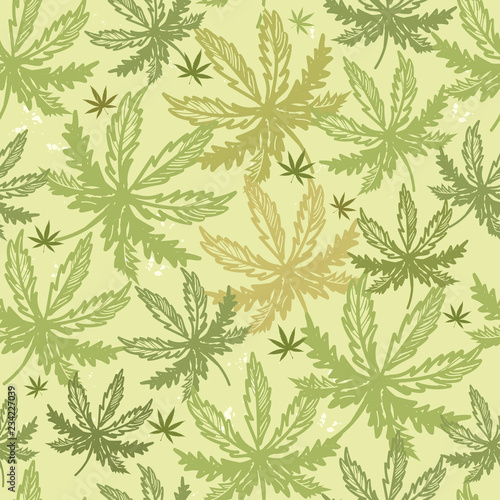 Hemp seamless pattern background with different leaves, herbal medicine and cannabis concept