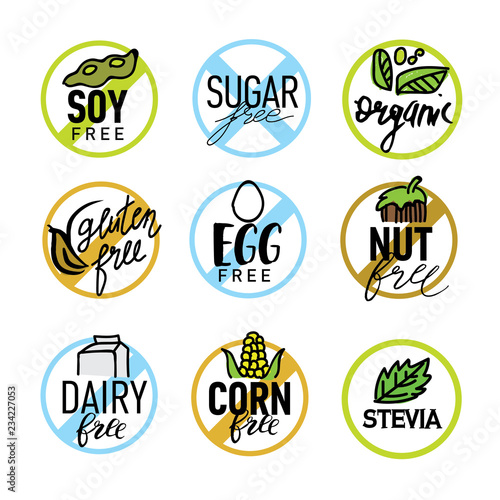 Set of food labels - allergens, GMO, sugar, gluten, nut,corn, stevia, free products