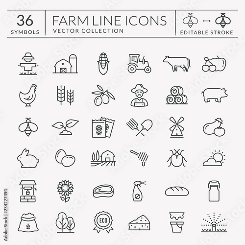 Farm and agriculture vector line icons. Editable stroke.