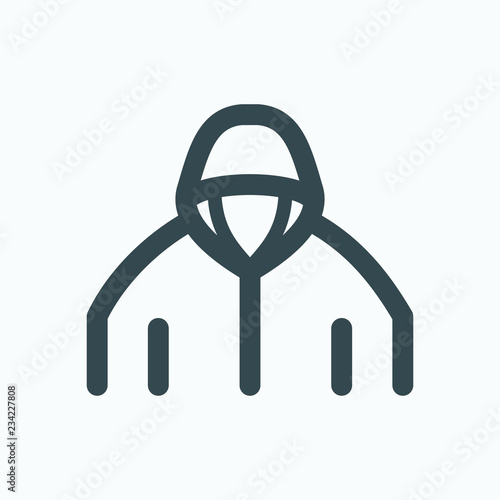 Raincoat for motorcyclist icon, hooded rain slicker vector icon
