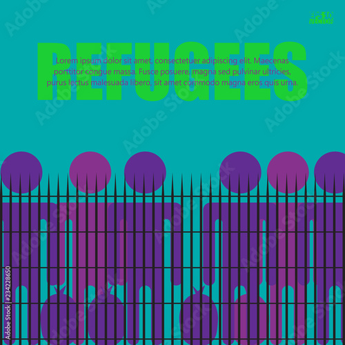 Migrants and refugees are standing behind closed and shut barrier, fence made of barbed wire. Eps10 vector illustration