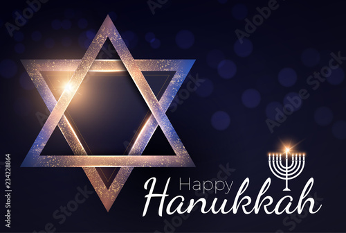 Happy Hanukkah Shining Background with Menorah, David Star and Bokeh Effect. Vector illustration