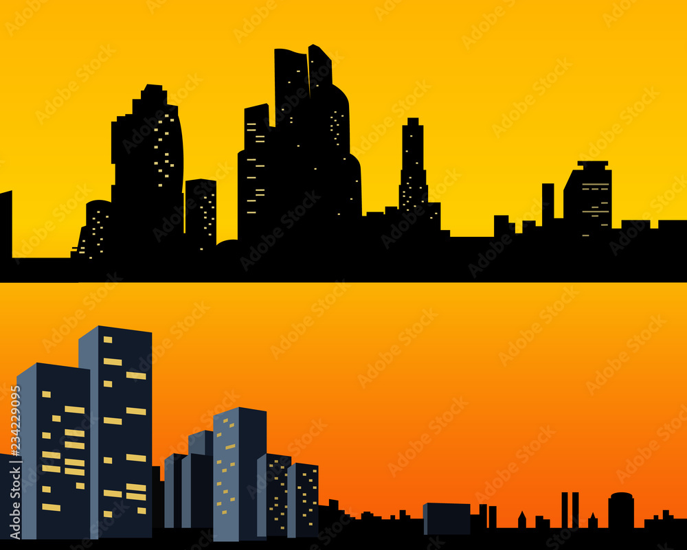 Set Black silhouettes city with light Windows. Town at backdrop sunset. The center of the city - Vector illustration.