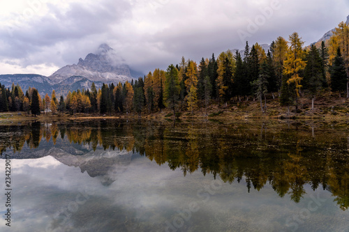 Antorno lake with famous Dolomites mountain peak of Tre Cime di Lavaredo © 1tomm