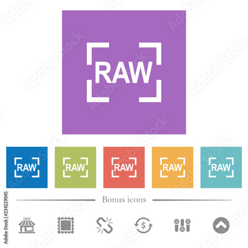 Camera raw image mode flat white icons in square backgrounds