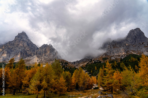 Colorful scenic view of majestic Dolomites mountains in Italian Alps.