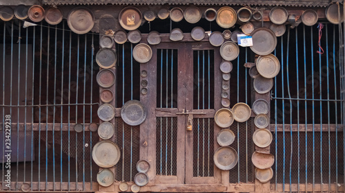 Plates with Hindu Scripts hanging at a temple in Kathmandu, Nepal