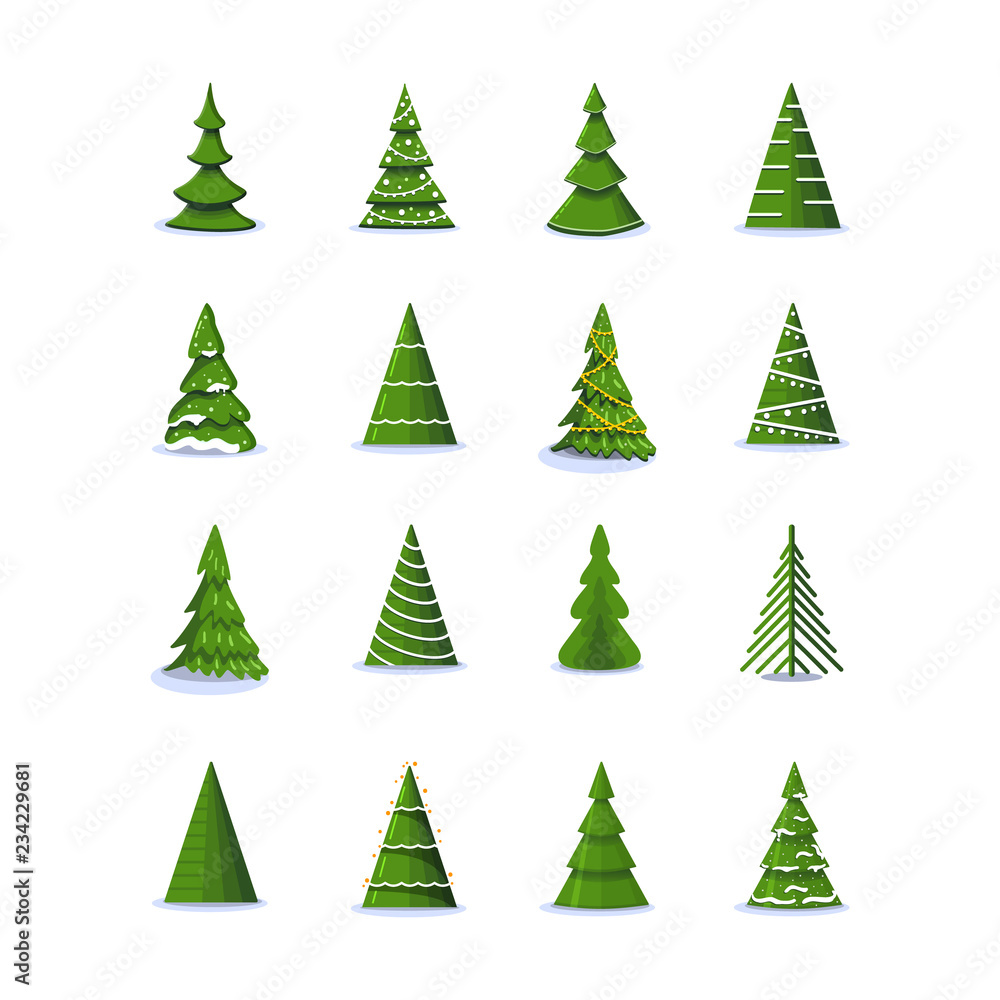 Obraz premium Christmas tree in different styles. Vector set of stylized illustration.flat style icons collection for holiday xmas and new year. on a white background