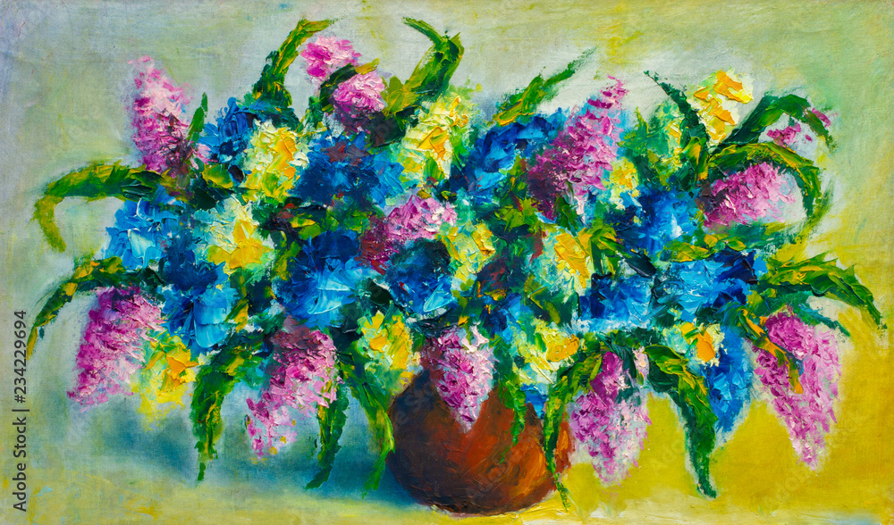 Obraz Original oil painting, contemporary style, made on stretched canvas with palette knife and brush. Bright bouquet of flowers, beautiful flower.